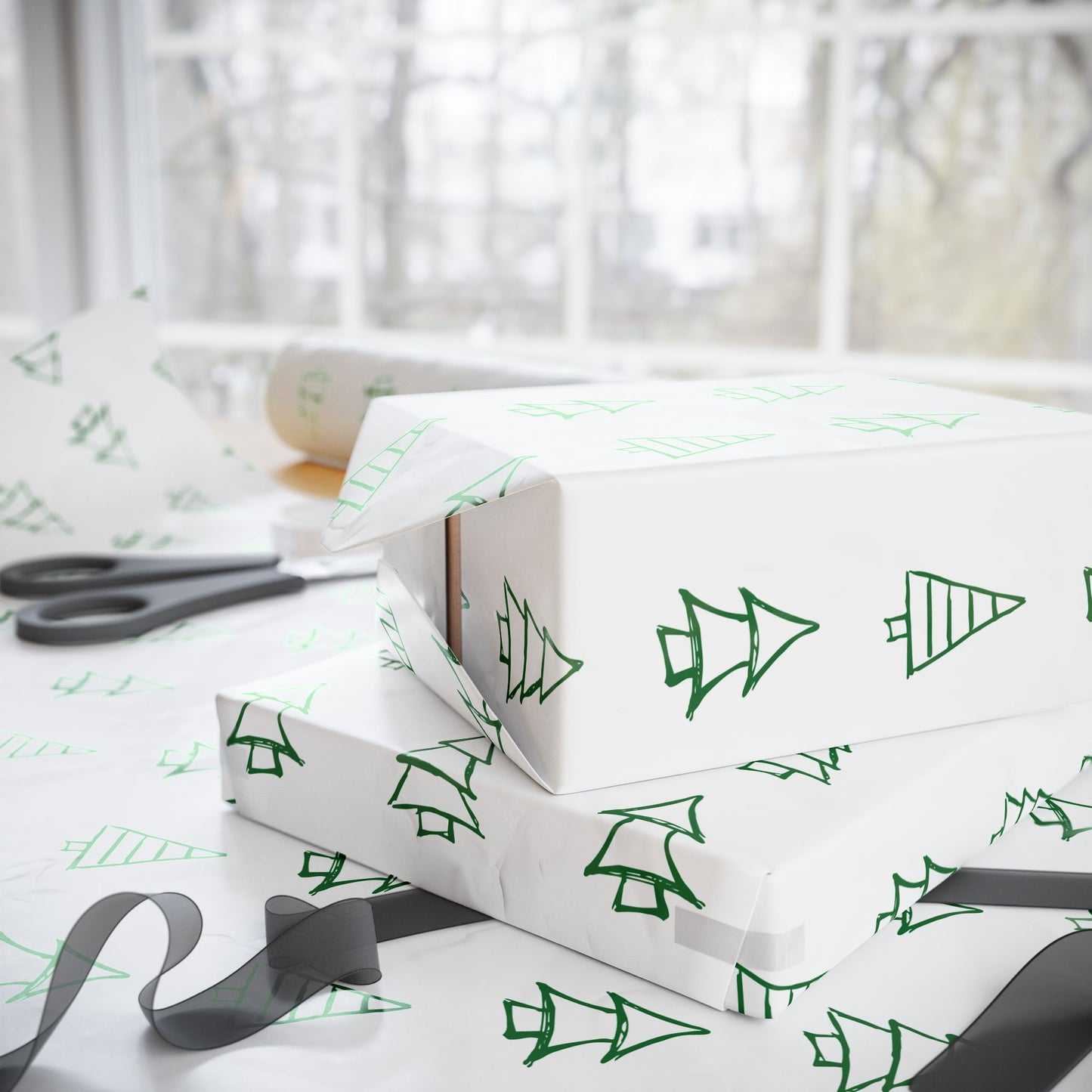 Christmas Tree Pattern Wrapping Paper Roll — Green Sketch Holiday Gift Wrap