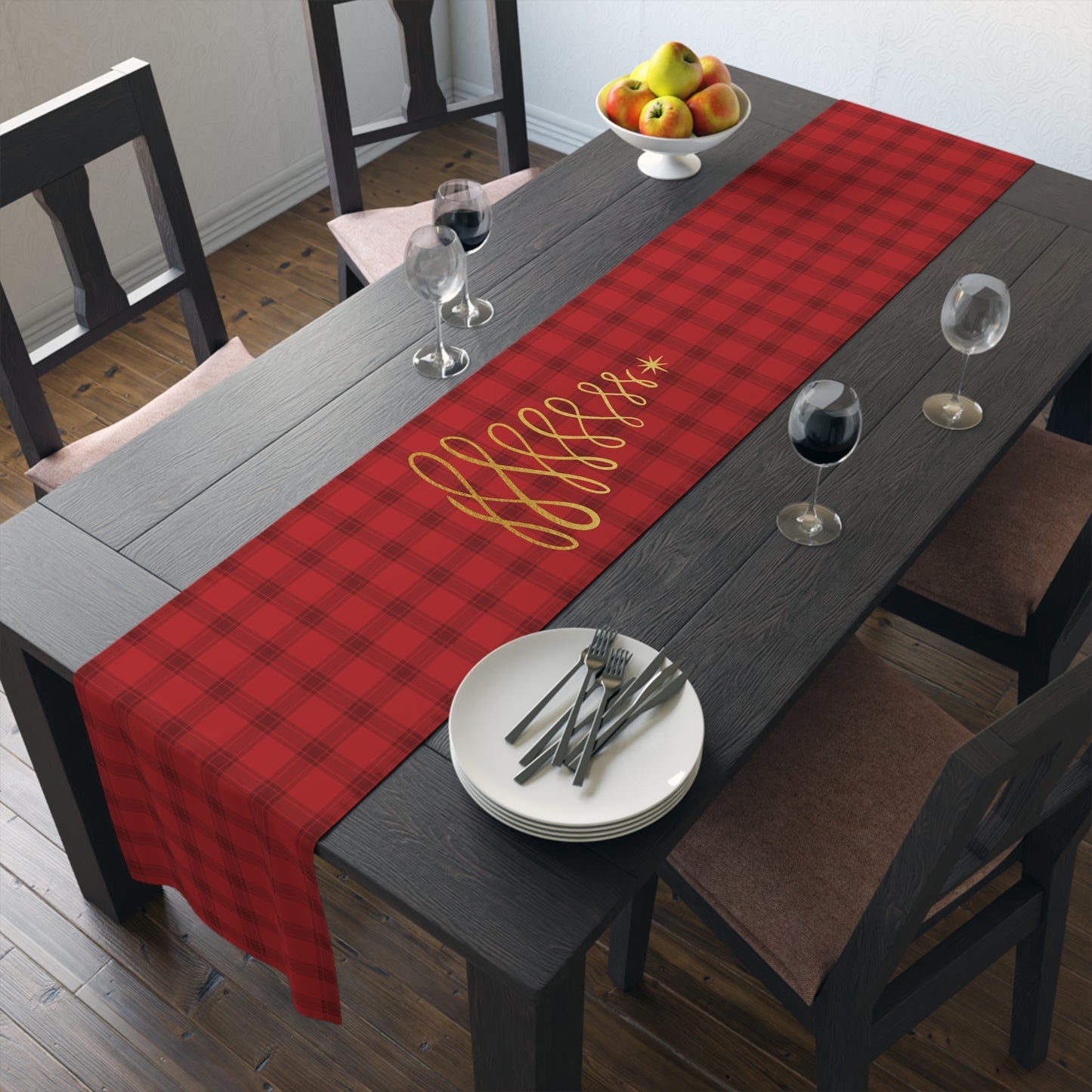 Red Tartan Christmas Tree Table Runner (Cotton, Poly) - Varnish & Vibe