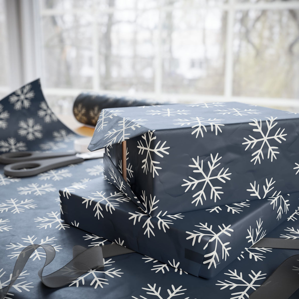 Snowflake Wrapping Paper - Navy Holiday Gift Wrap Roll - Varnish & Vibe
