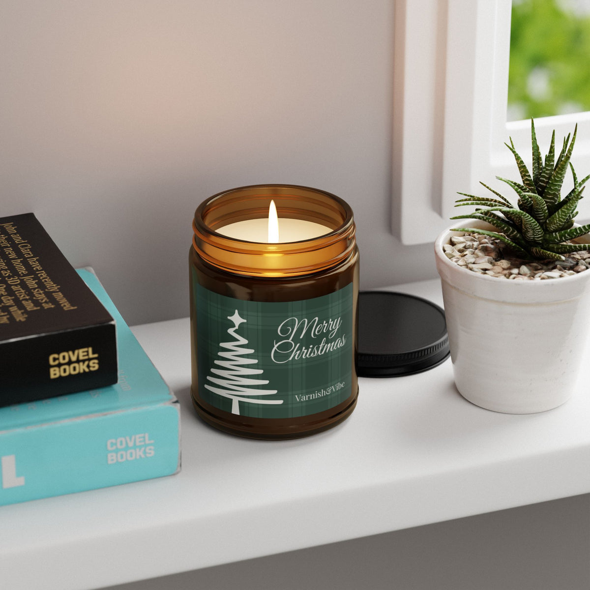 Merry Christmas Scented Soy Candle (Green, Multi-Size, Amber Jar) - Varnish & Vibe
