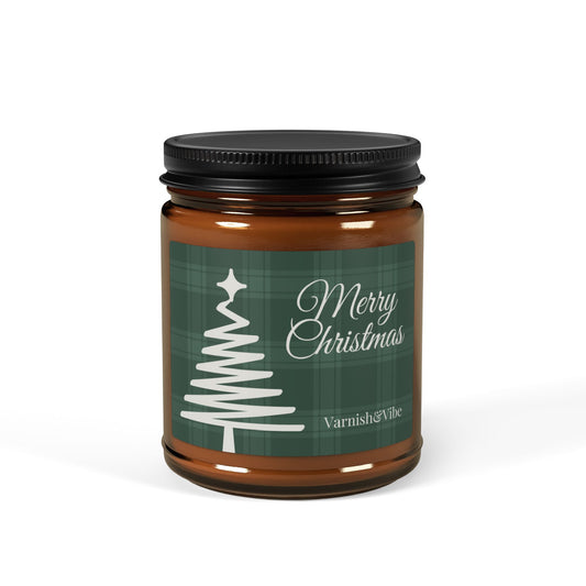 Merry Christmas Scented Soy Candle (Green, Multi-Size, Amber Jar) - Varnish & Vibe