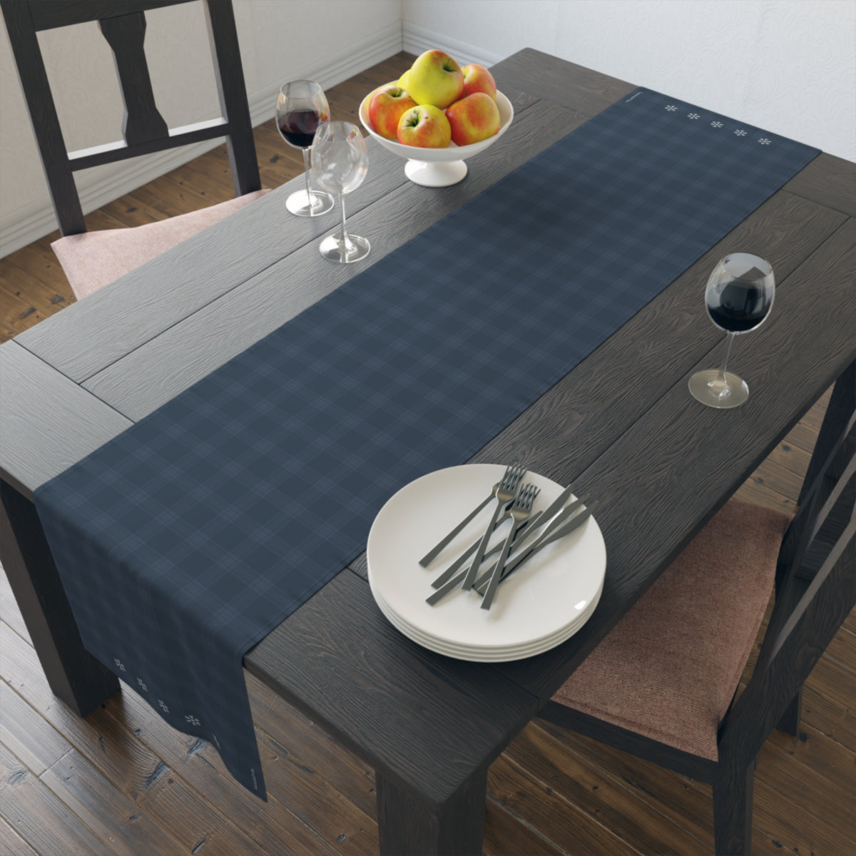 Blue Tartan Snowflakes Table Runner (Cotton, Poly) - Varnish & Vibe
