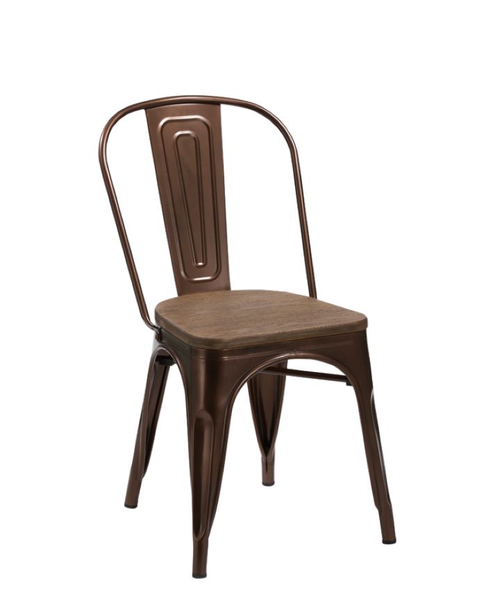 Brown metal chair with wooden seat on a white background