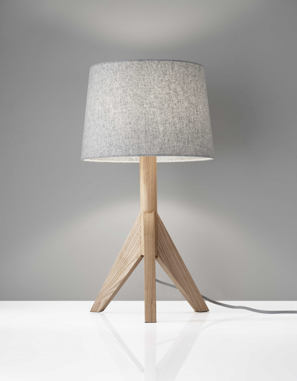 25" NATURAL SOLID WOOD TRIPOD TABLE LAMP WITH GRAY EMPIRE SHADE - Varnish & Vibe