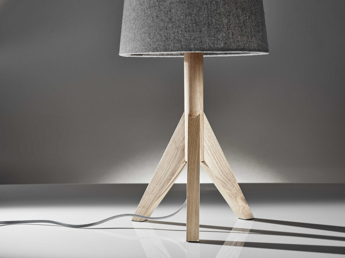 25" NATURAL SOLID WOOD TRIPOD TABLE LAMP WITH GRAY EMPIRE SHADE - Varnish & Vibe
