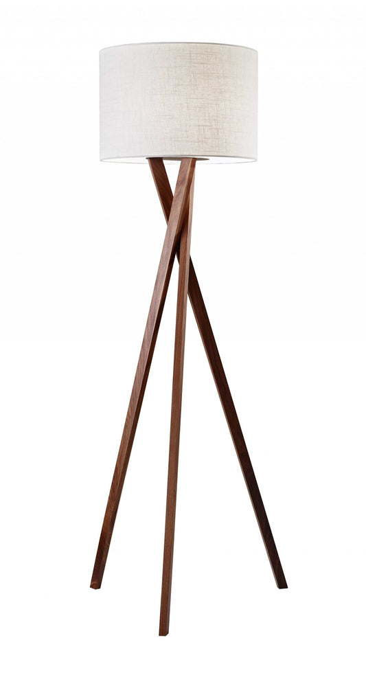 63" BROWN AND WHITE SOLID WOOD TRIPOD FLOOR LAMP WITH WHITE LINEN DRUM SHADE - Varnish & Vibe