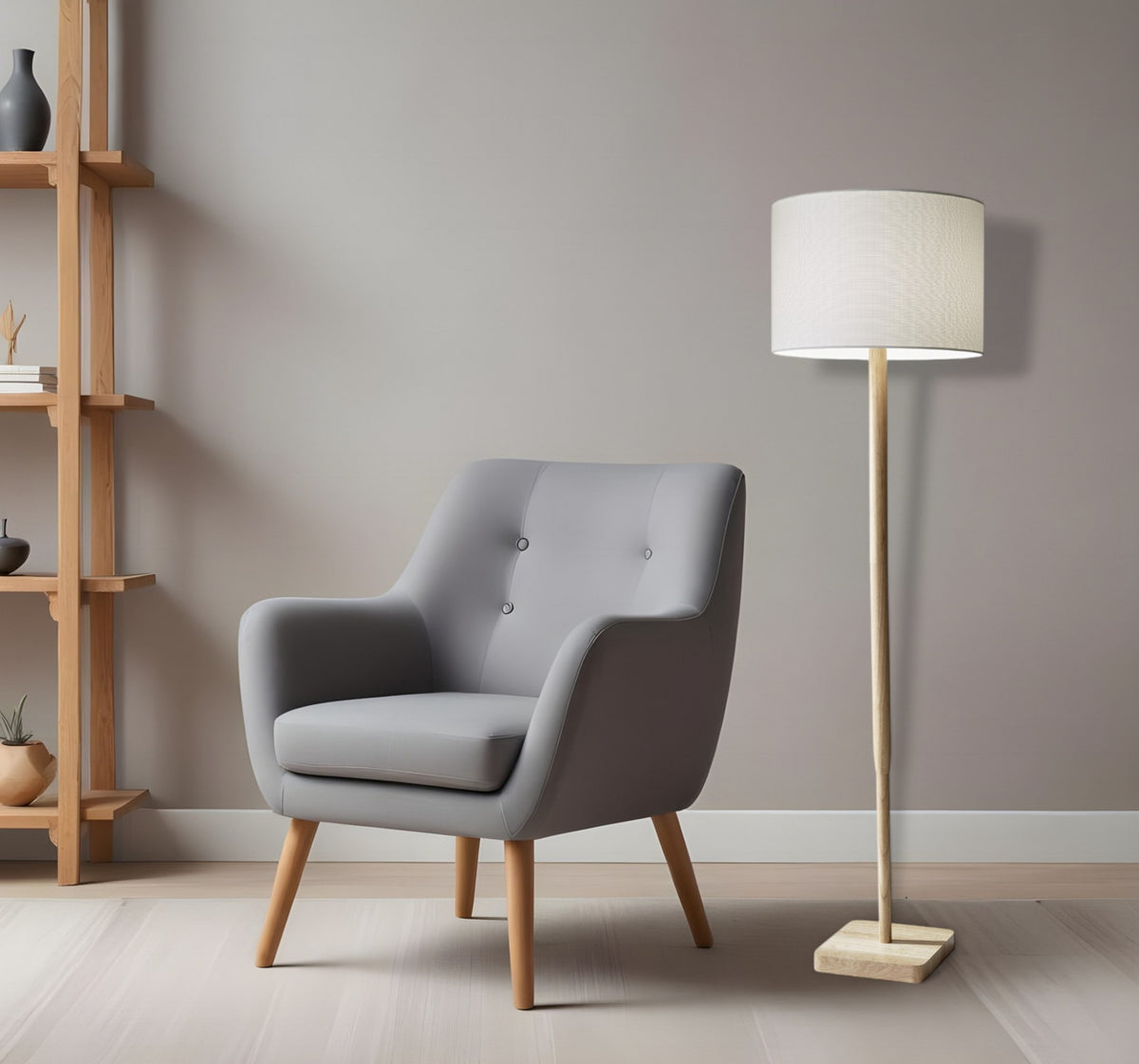 59" NATURAL SOLID WOOD FLOOR LAMP WITH WHITE LINEN DRUM SHADE - Varnish & Vibe
