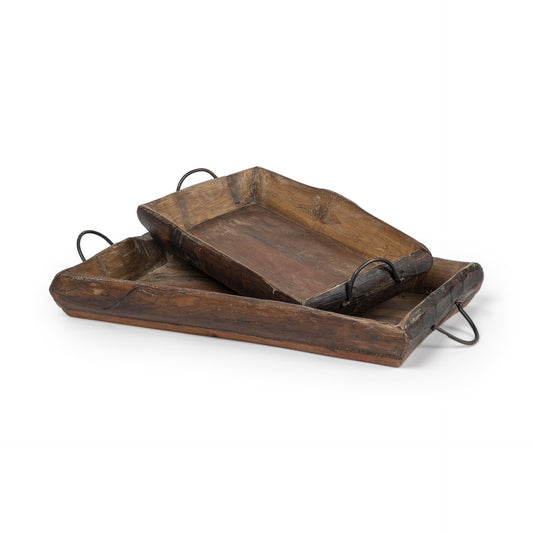 CALABASAS SET OF TWO BROWN RECTANGULAR WOOD INDOOR OUTDOOR SERVING TRAY WITH HANDLES - Varnish & Vibe