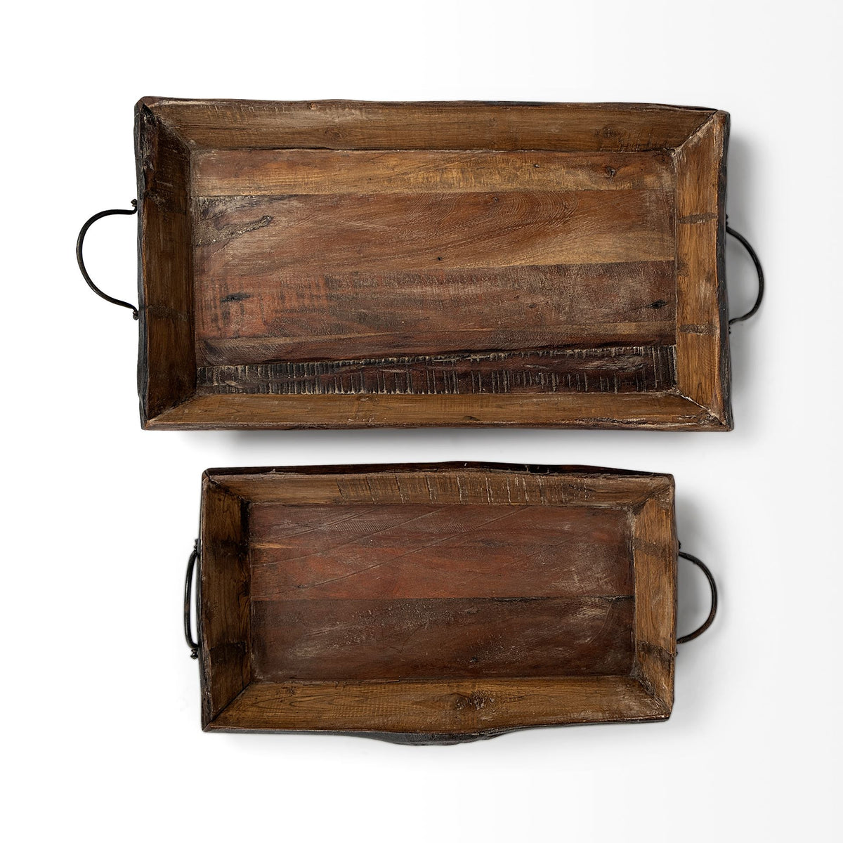 CALABASAS SET OF TWO BROWN RECTANGULAR WOOD INDOOR OUTDOOR SERVING TRAY WITH HANDLES - Varnish & Vibe