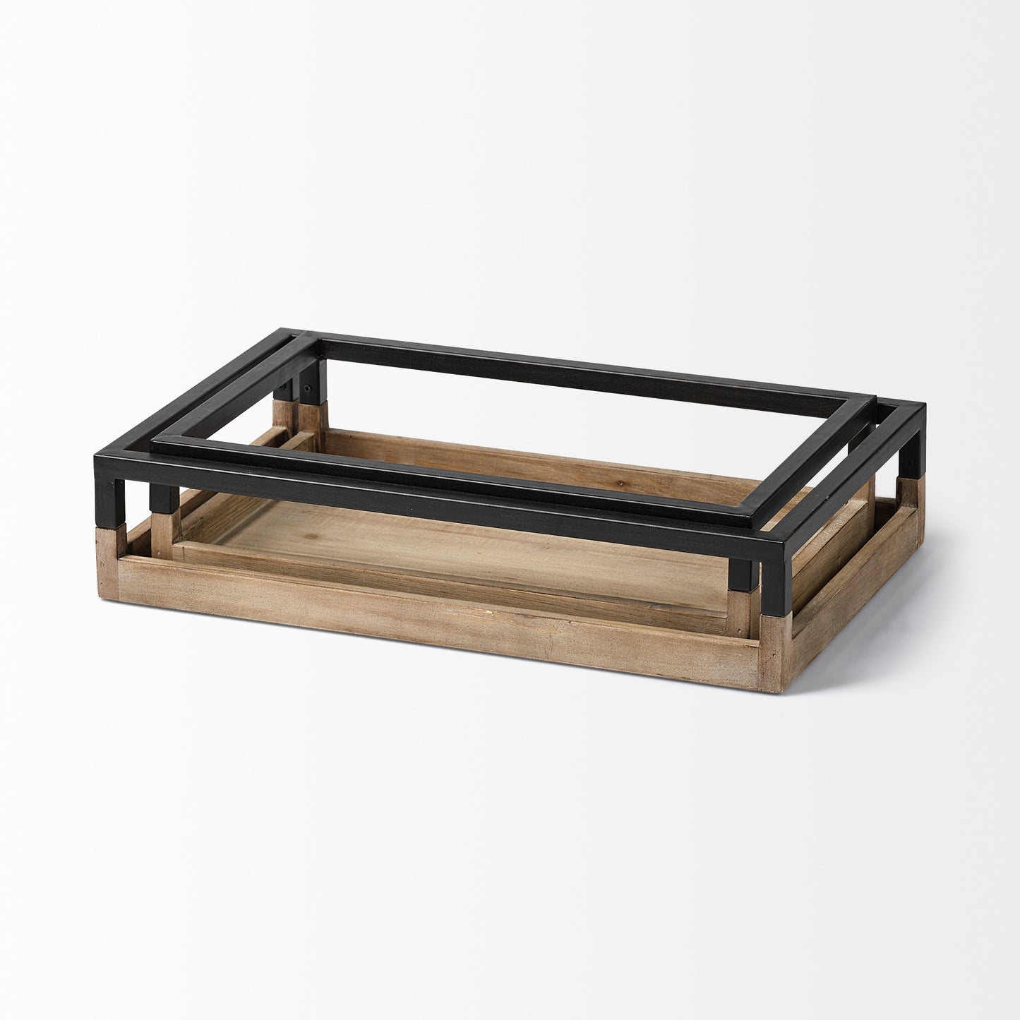 Wooden tray with black metal frame on a white background