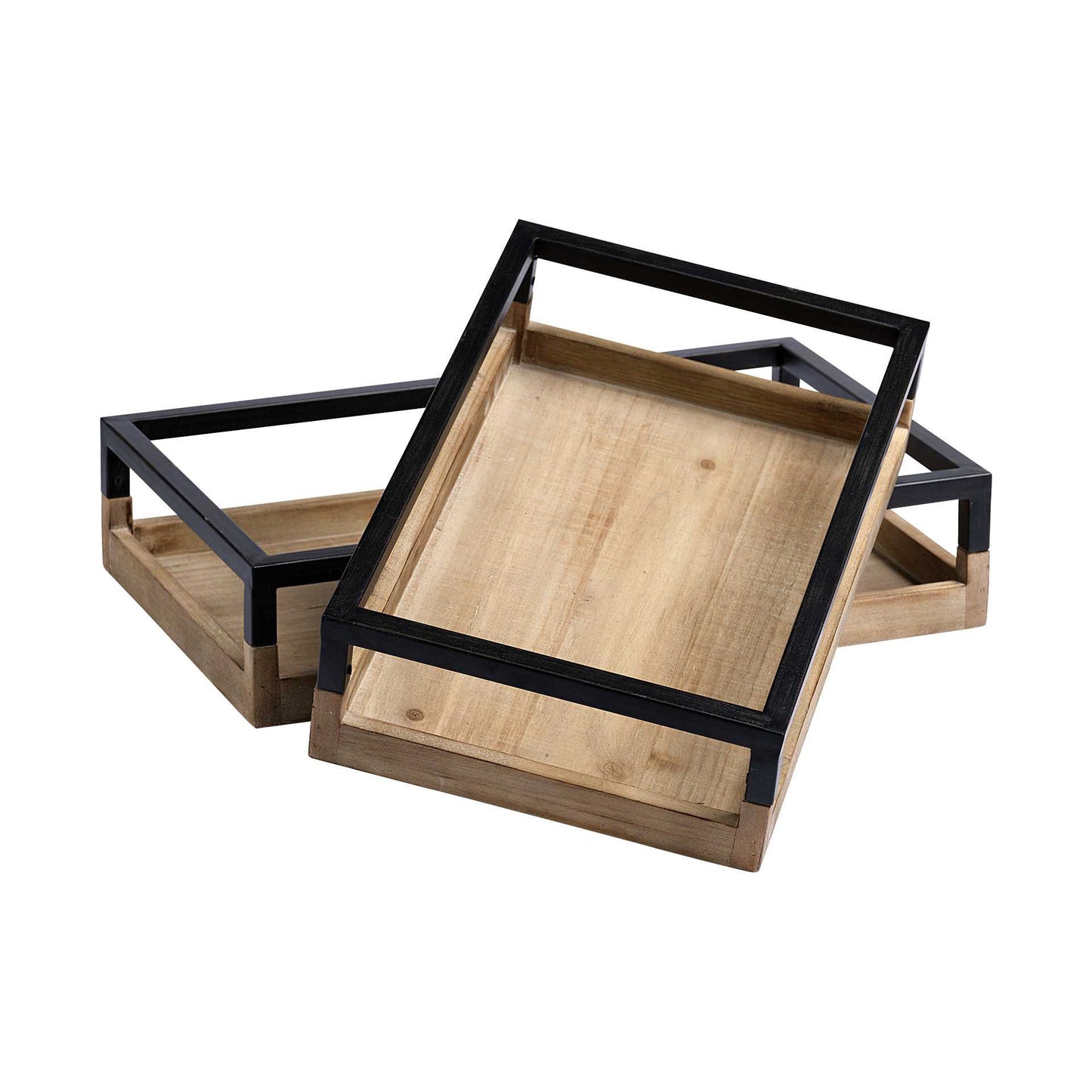Two wooden trays with black metal frames on a white background