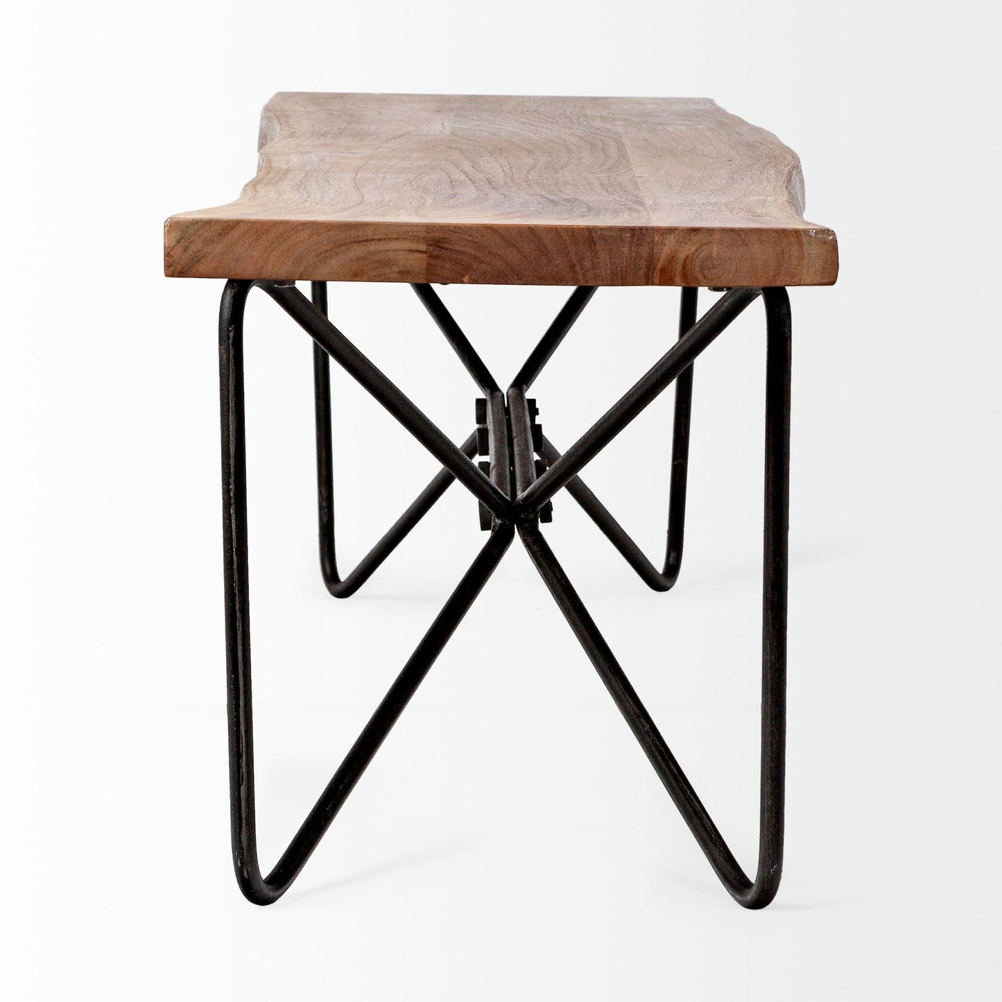 Wooden stool with black metal legs on a white background