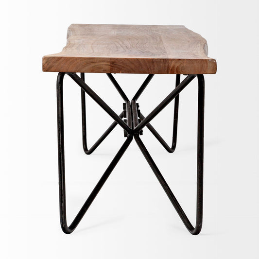 Wooden stool with black metal legs on a white background