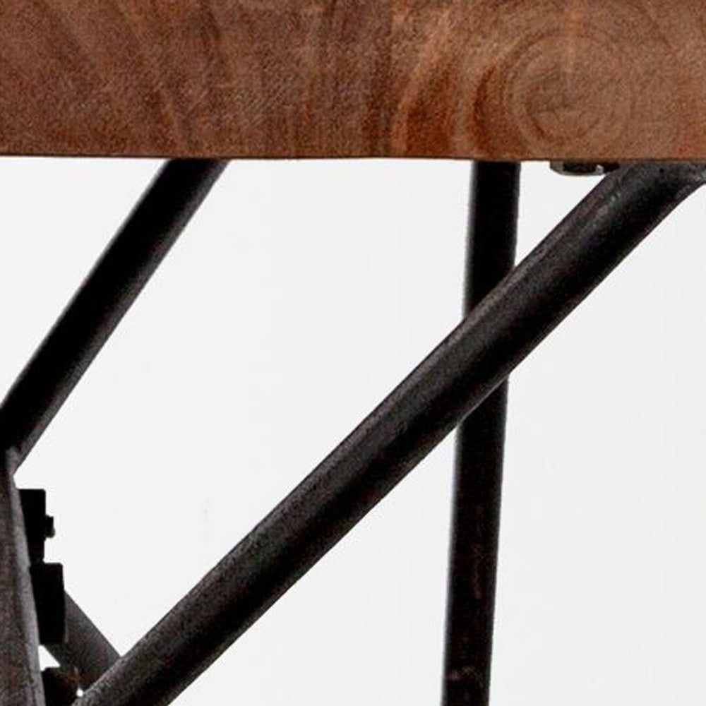 Close-up of a wooden stool with metal legs on a white background