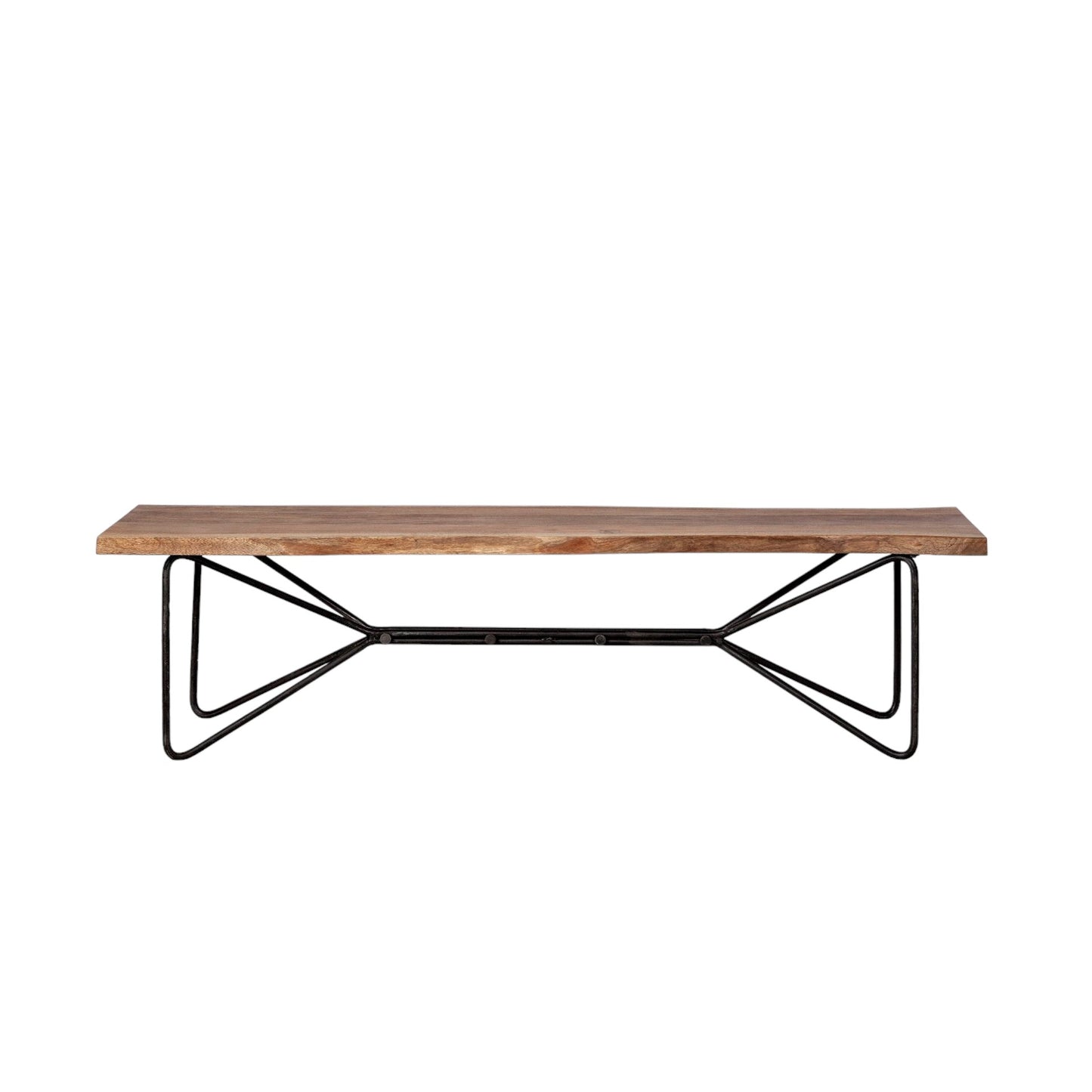 Wooden table with black metal legs on a white background
