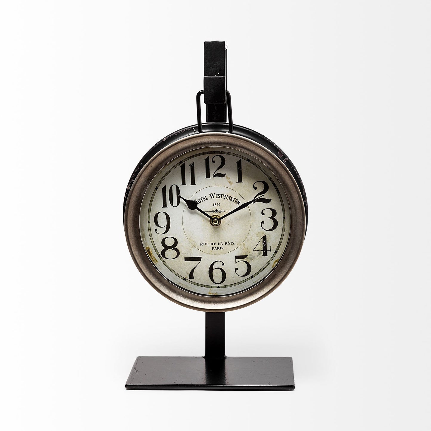 Vintage-style clock on a stand with a white background