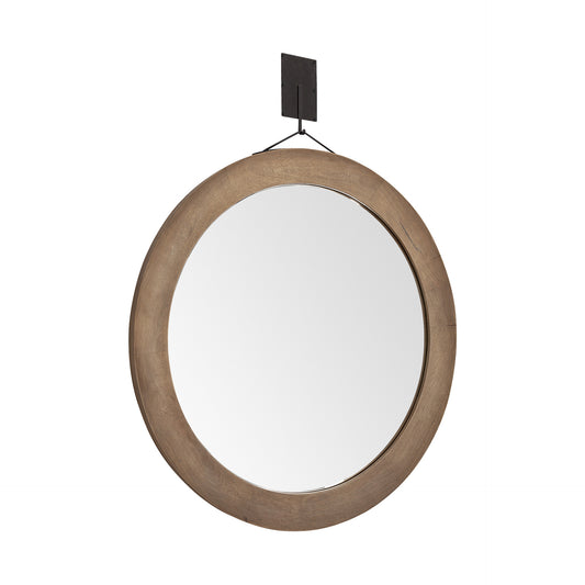Round wooden mirror with a black hanging hook on a white background