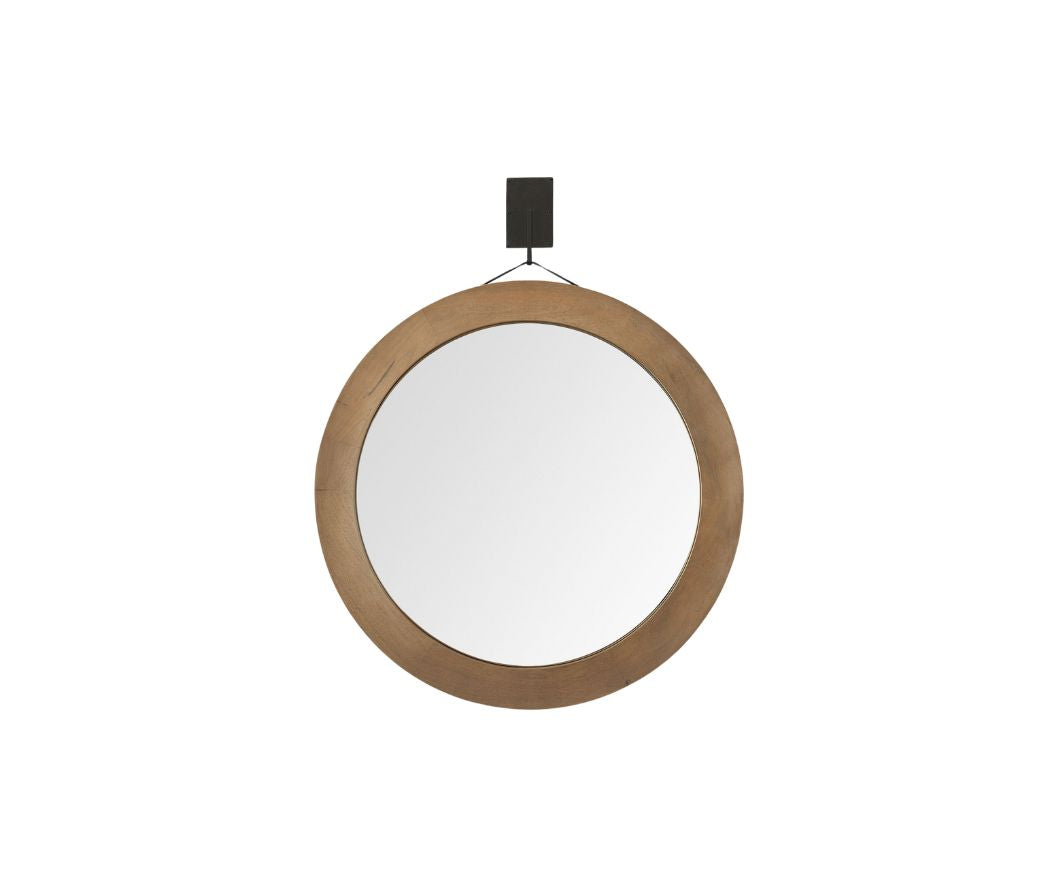 Round wooden mirror with a black hook on a white background