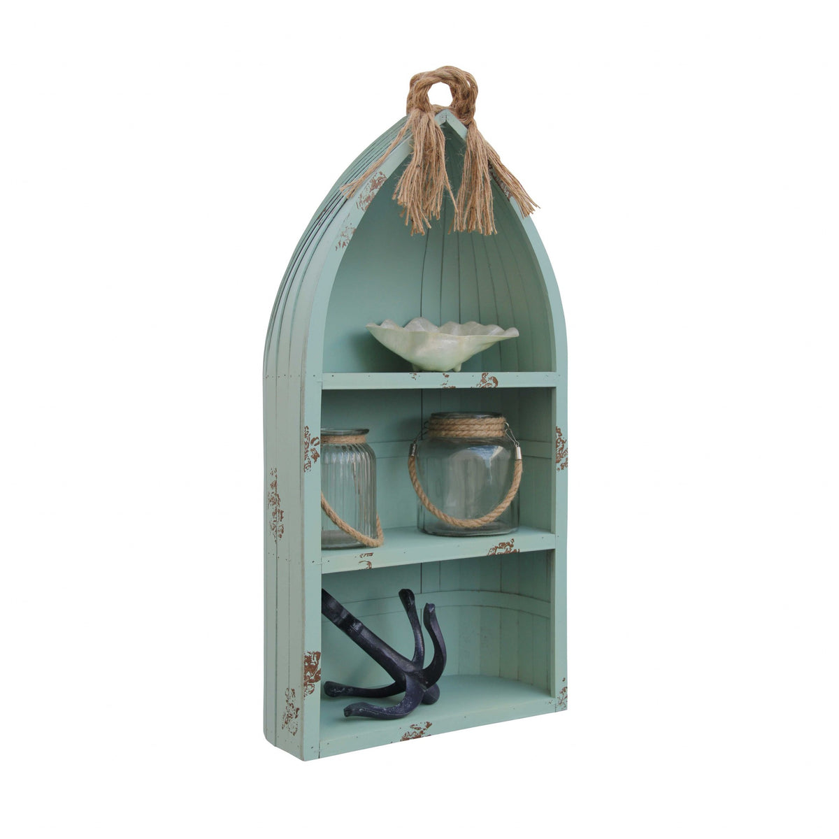 34" AQUA BLUE WOOD CANOE HANGING SHELF - Varnish & Vibe