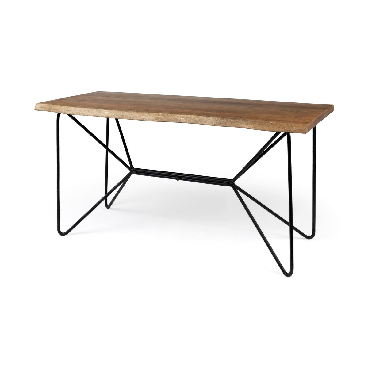 Wooden table with black metal legs on a white background