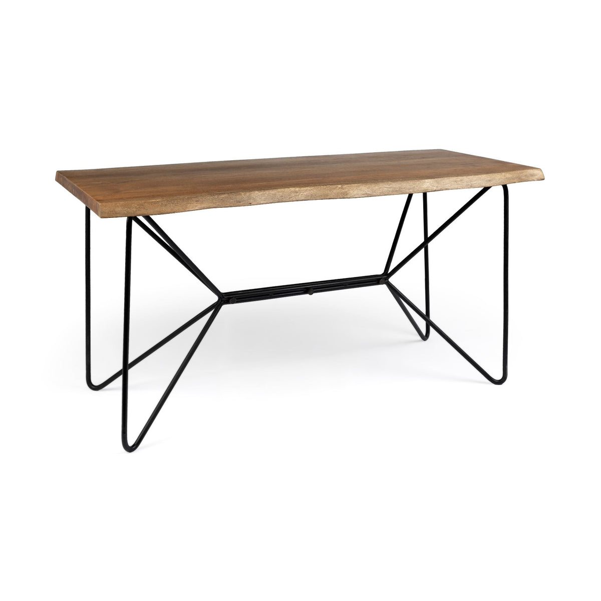 Wooden table with black metal legs on a white background