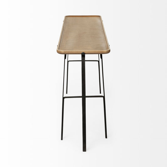 Bar stool with woven seat and black metal legs on a white background