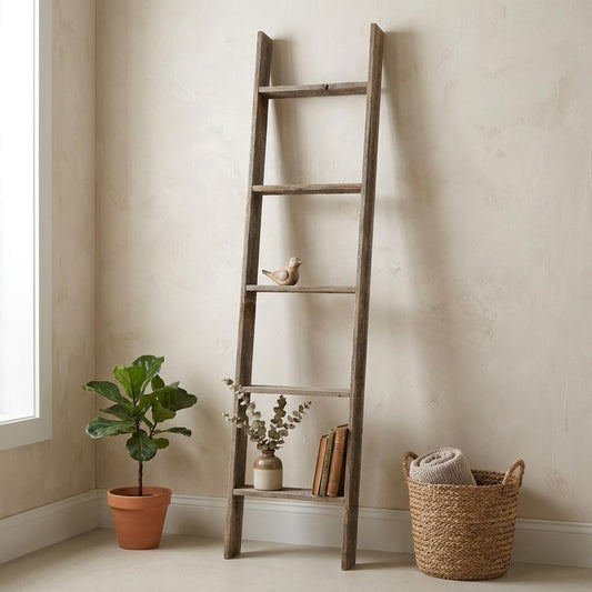 LAUREL 60" GRAY DISTRESSED SOLID WOOD FIVE STEP LADDER SHELF