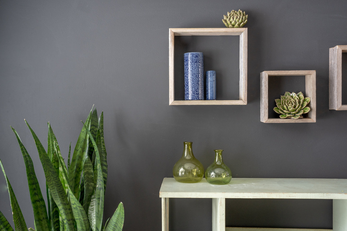 Decorative wall shelves with plants and vases against a gray wall.