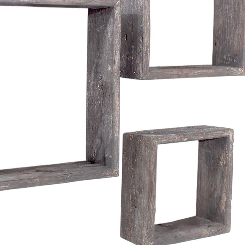Set of wooden shelves with a rustic finish on a white background