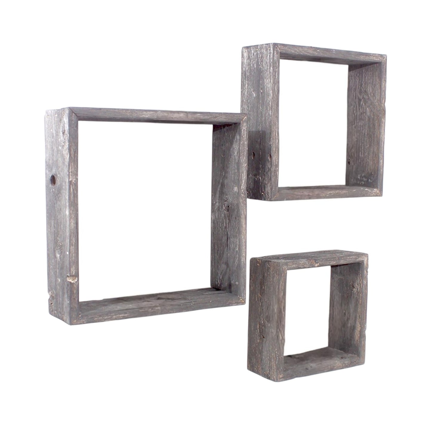 Set of three gray square wall shelves on a white background