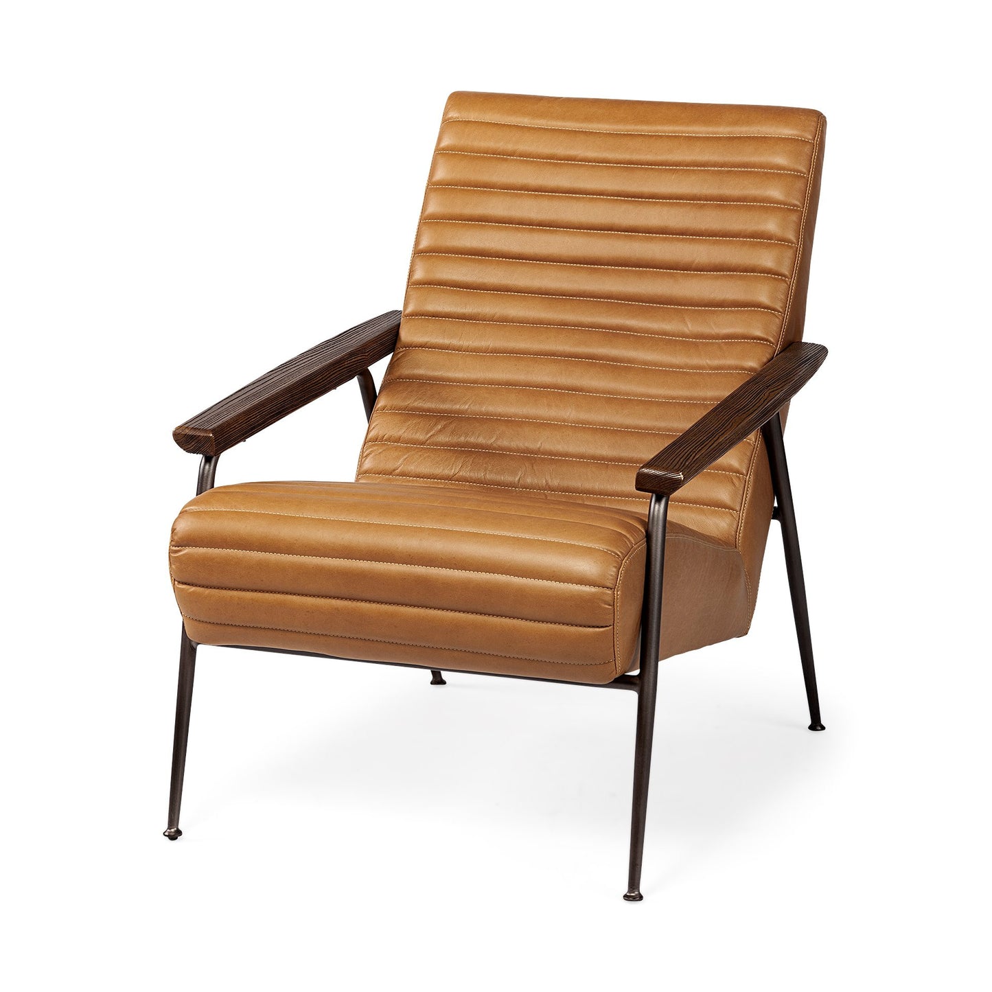 Brown leather armchair with wooden armrests on a white background