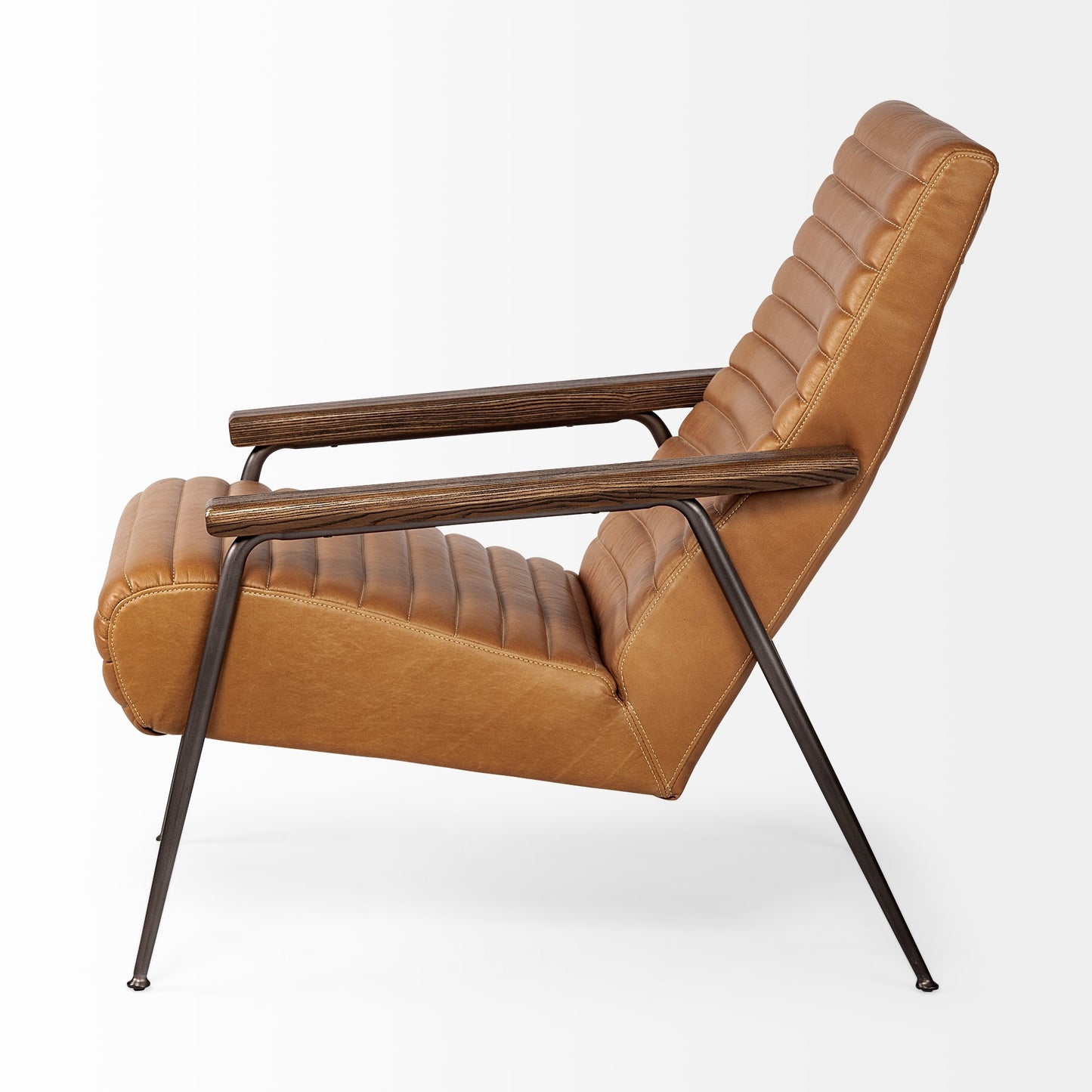 Brown leather armchair with wooden armrests on a white background
