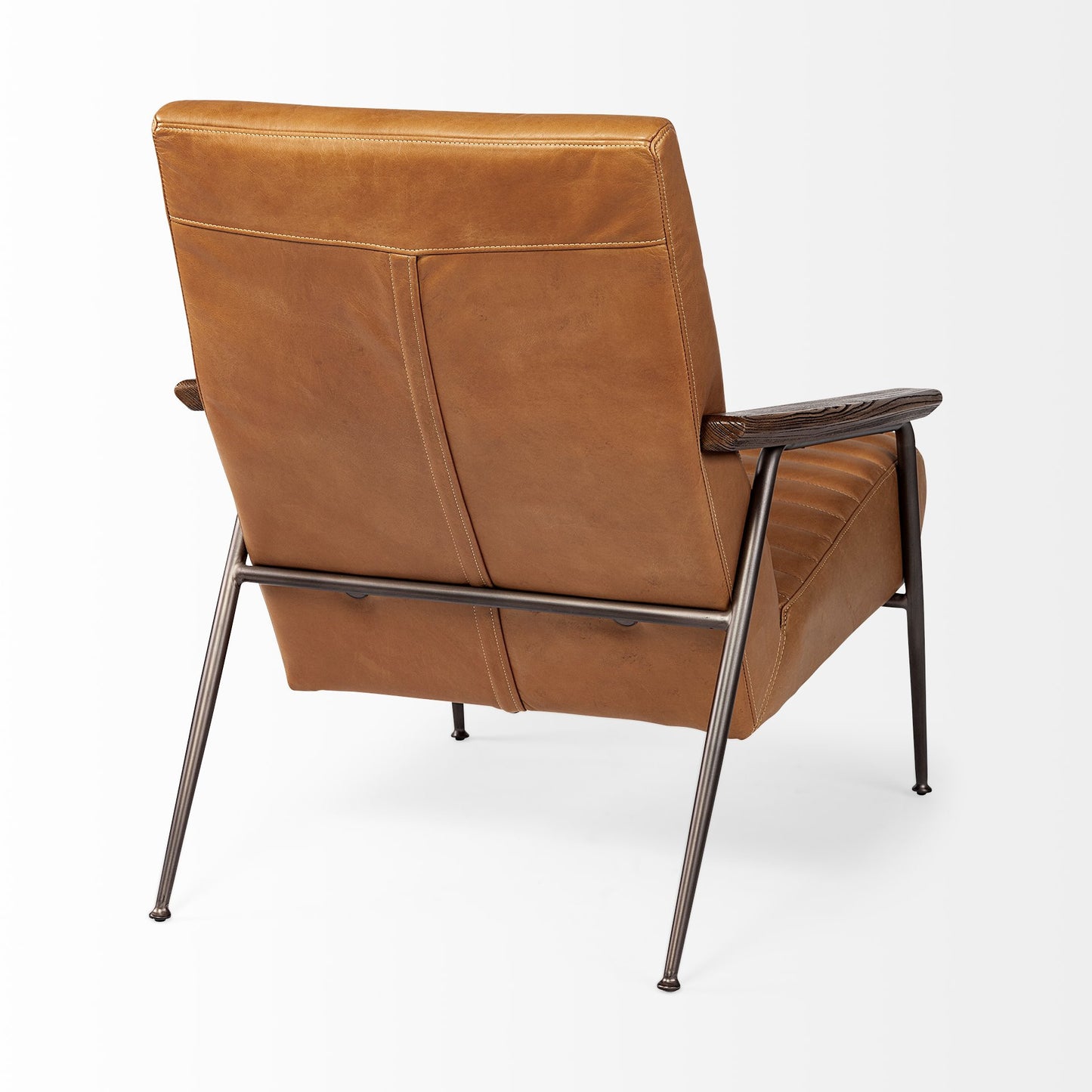 Brown leather armchair with metal legs on a white background