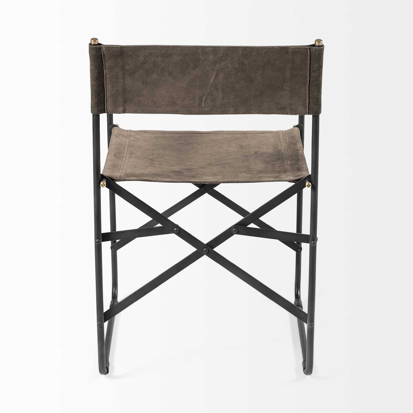 Brown leather chair with black metal frame on a white background