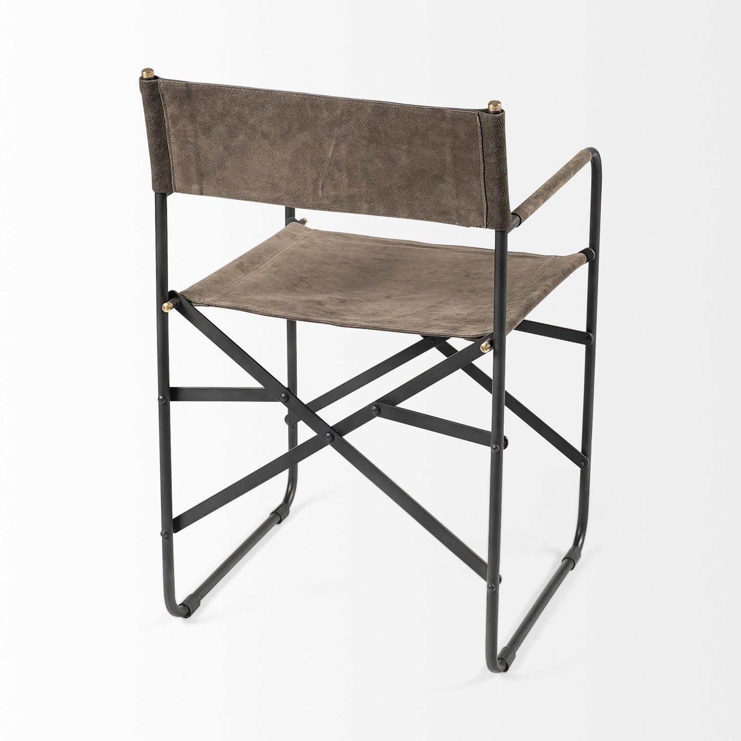 Brown folding chair with black metal frame on a white background