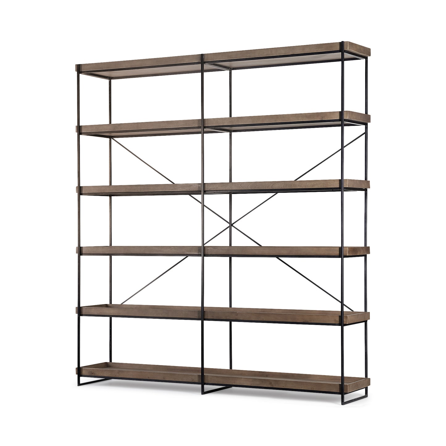 Bookshelf with wooden shelves and metal frame on a white background