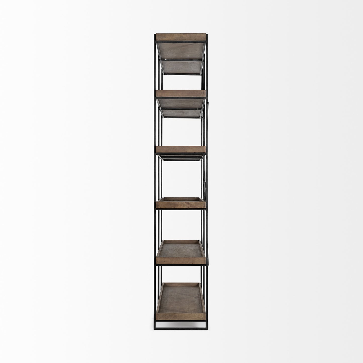 Tall metal and wood bookshelf on a white background