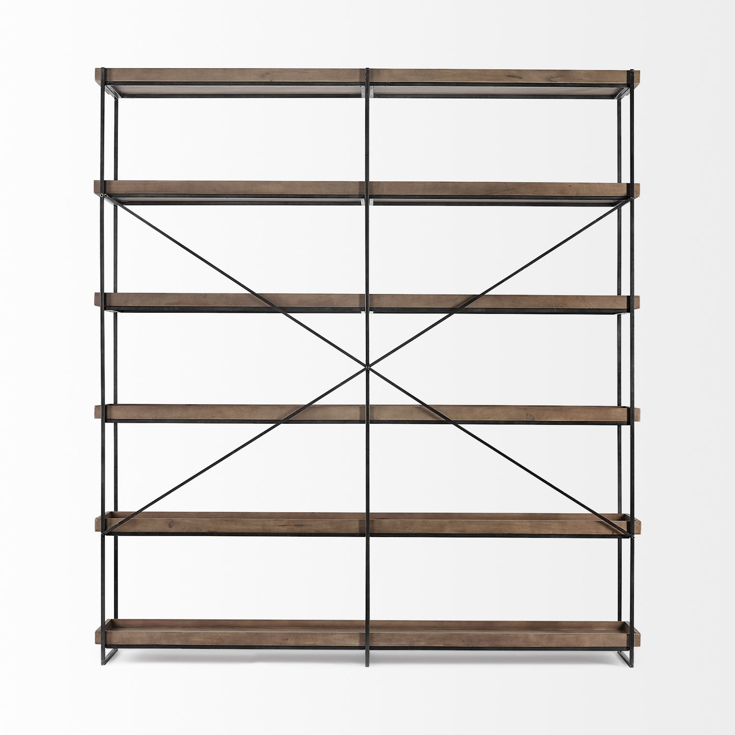 Bookshelf with wooden shelves and metal braces on a white background