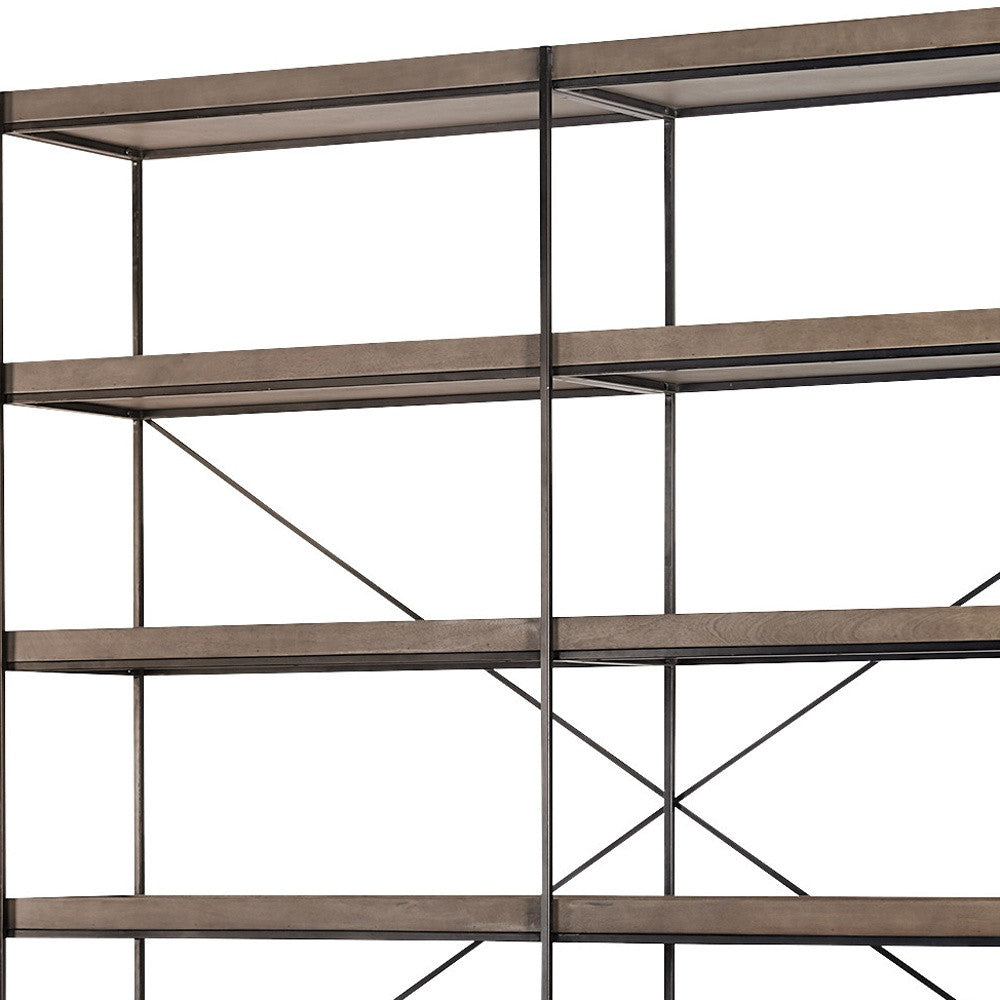 Wooden shelves with metal brackets on a white background