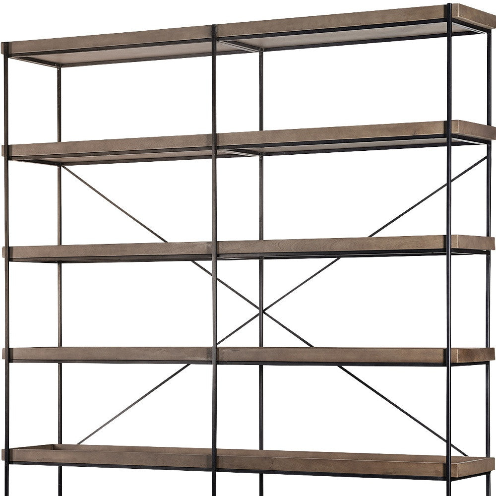 Bookshelf with wooden shelves and metal frame on a white background