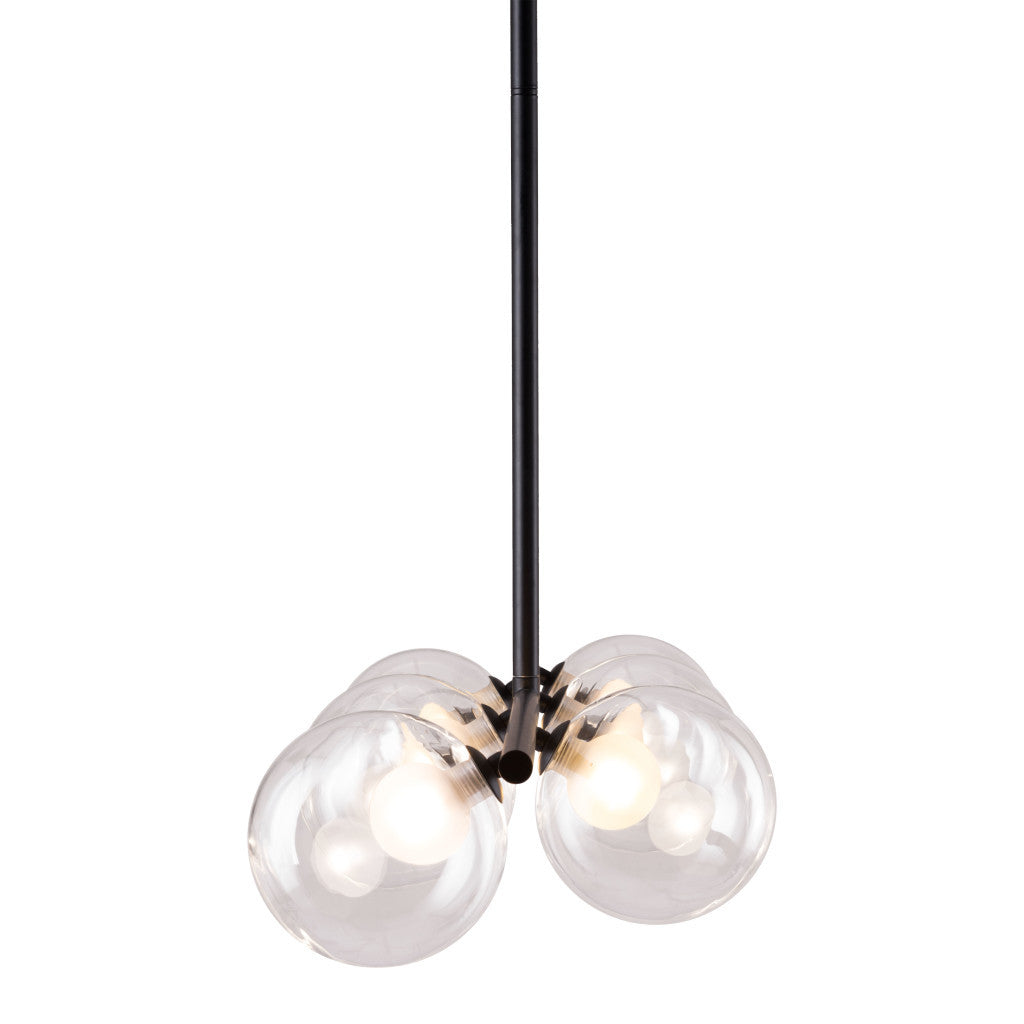 Modern pendant light with three glass shades on a white background