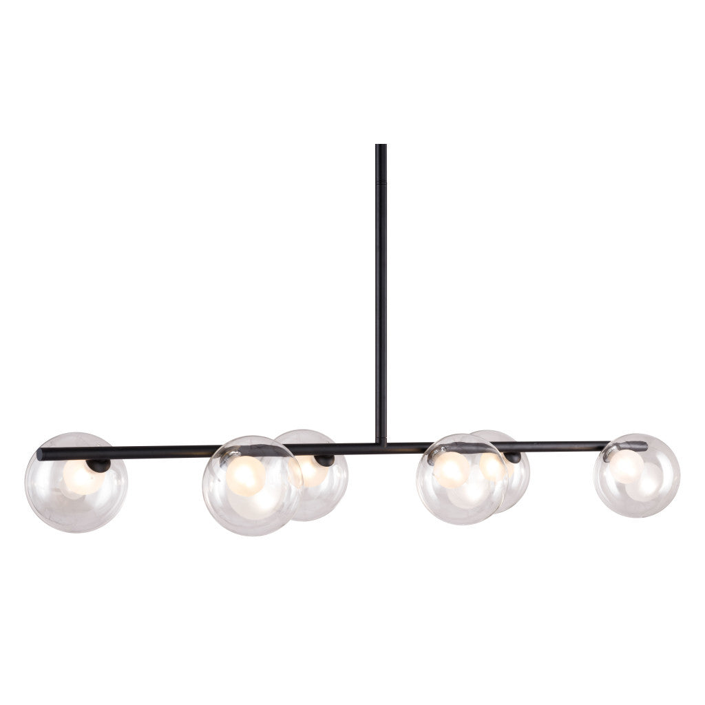 Modern pendant light with four glass bulbs on a white background
