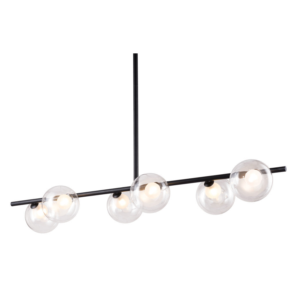 Modern ceiling light fixture with five glass bulbs on a white background