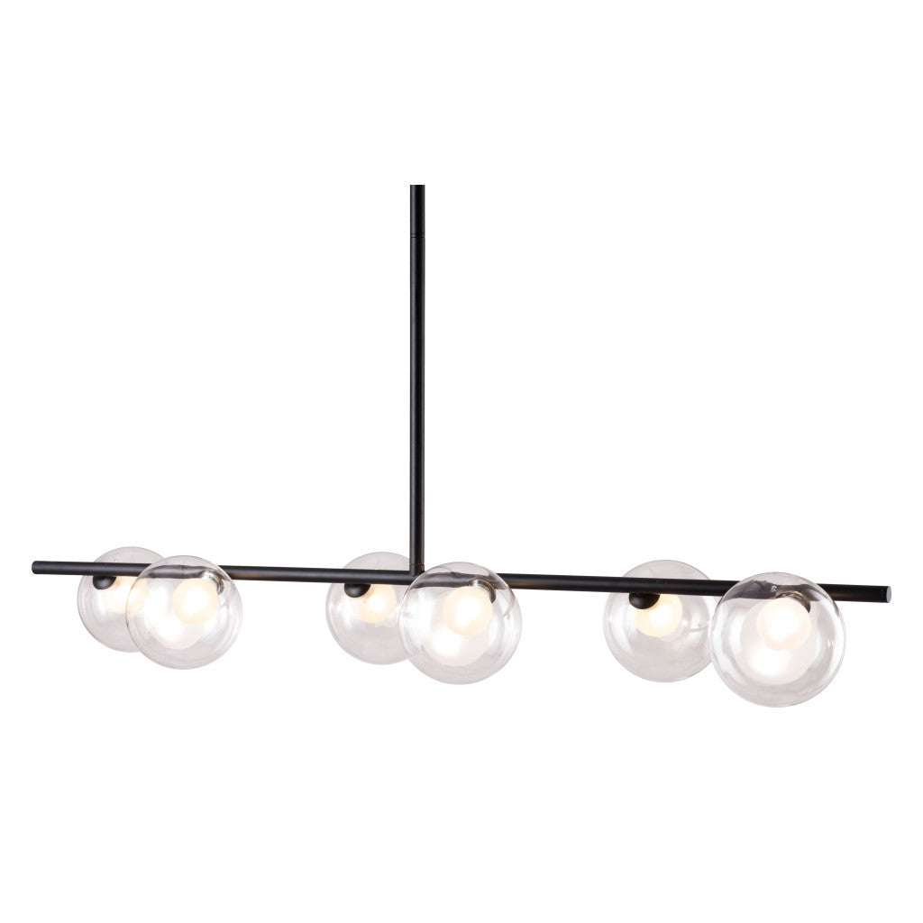 Modern pendant light with four glass bulbs on a white background