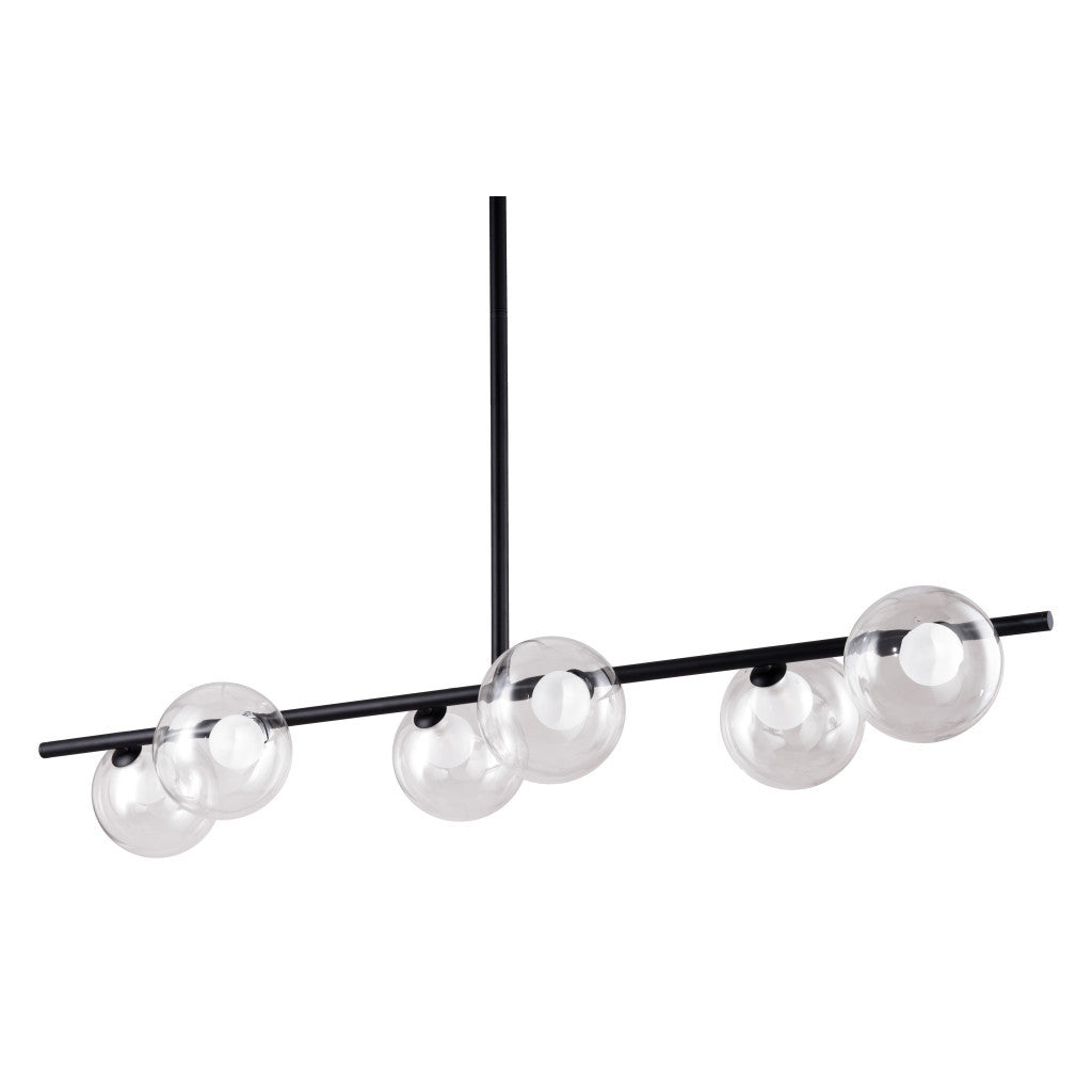 Modern chandelier with five spherical glass shades on a white background