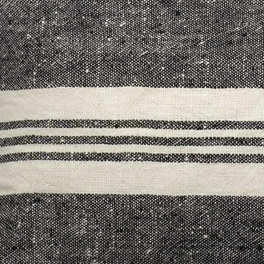 Close-up of a woven fabric with black and beige stripes.