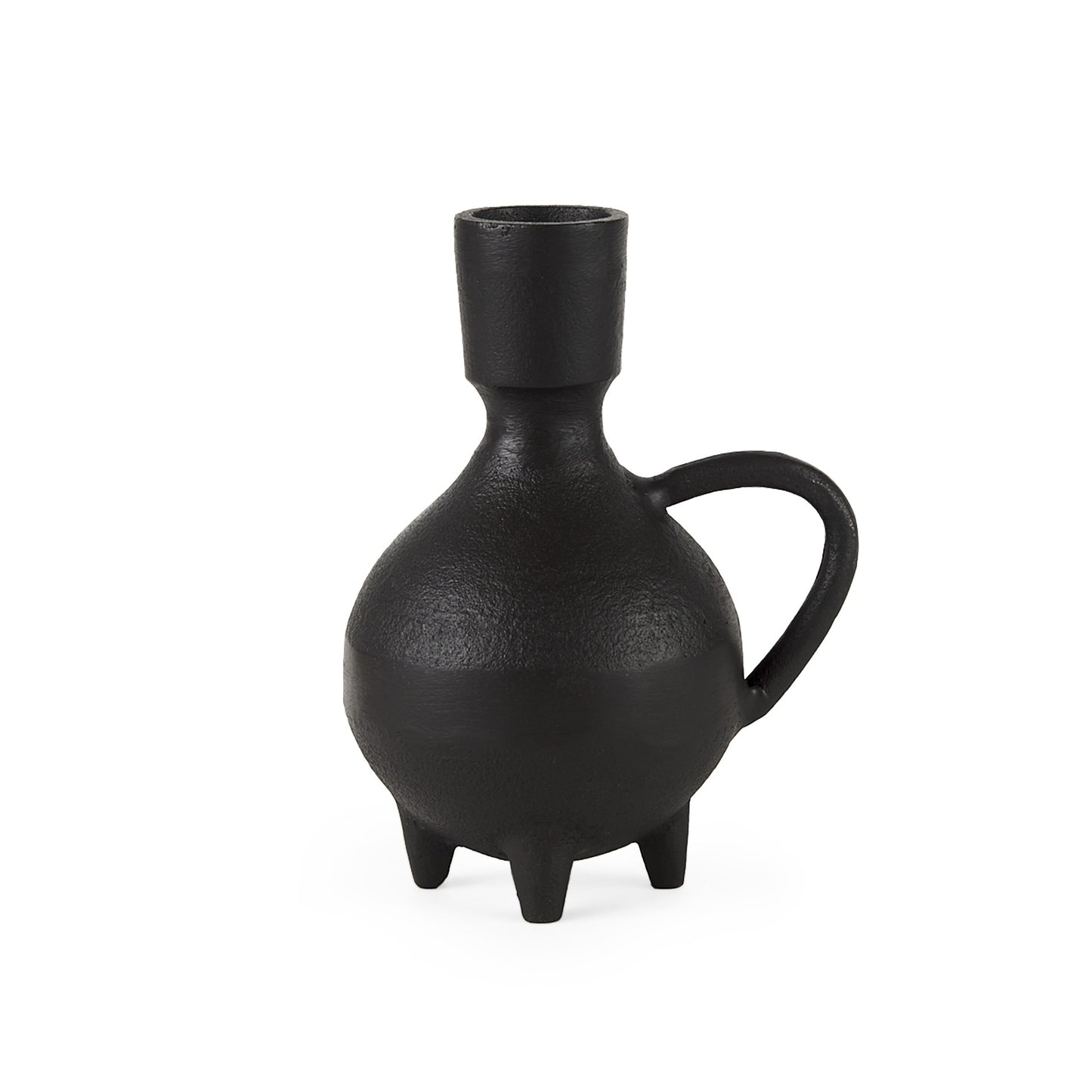Black ceramic vase with a handle on a white background