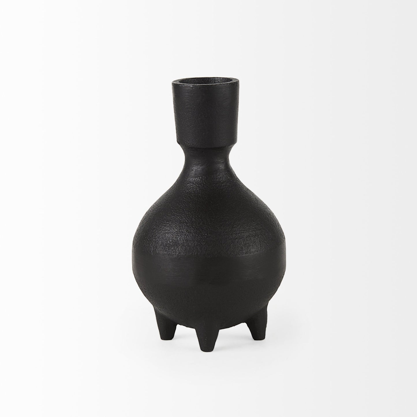 Black vase with a textured surface on a white background
