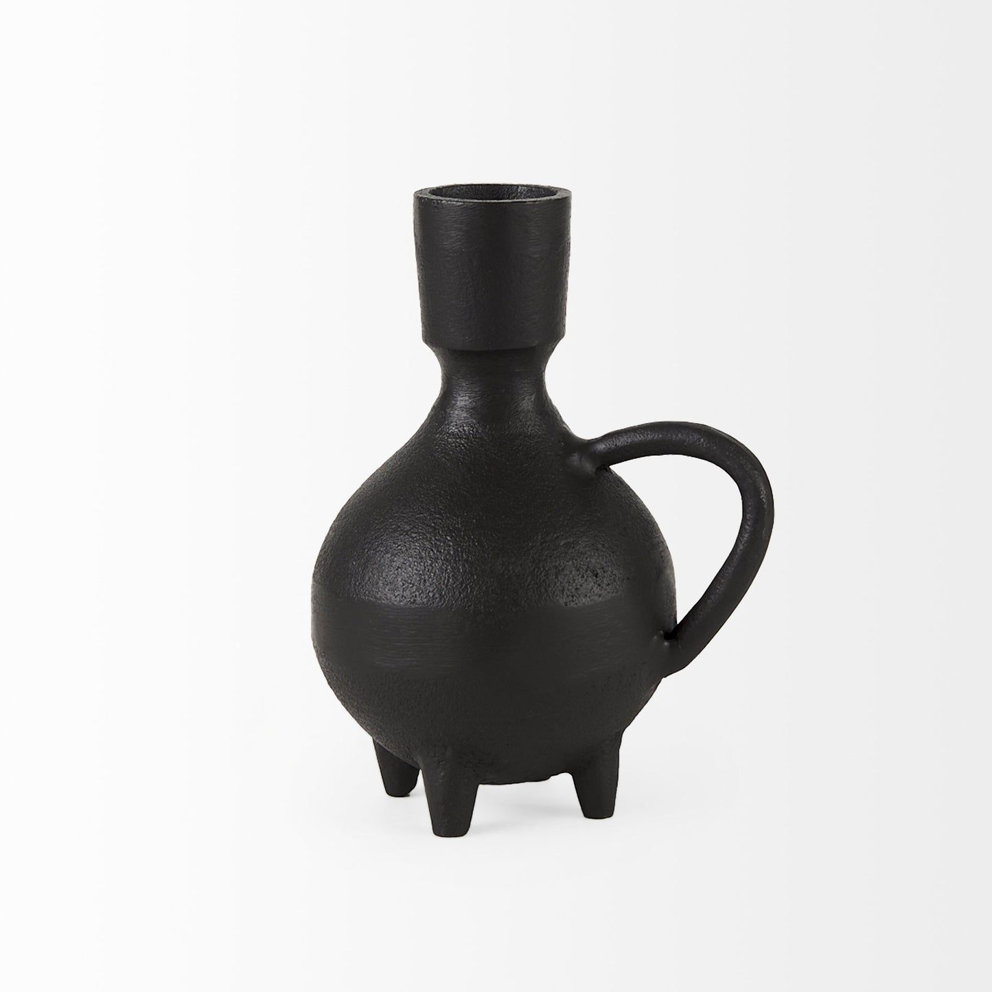 Black ceramic vase with a handle on a white background