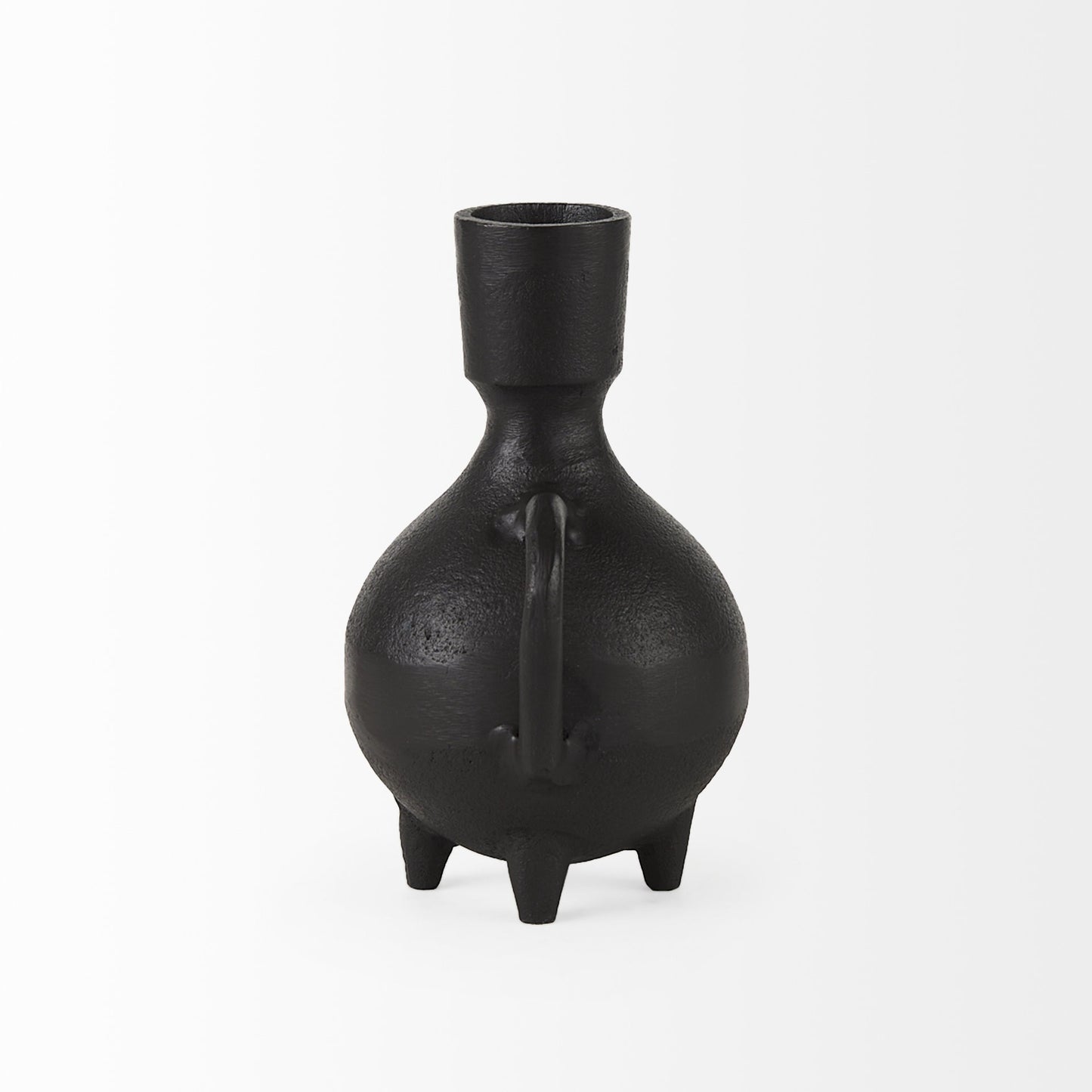 Black ceramic vase with a handle on a white background